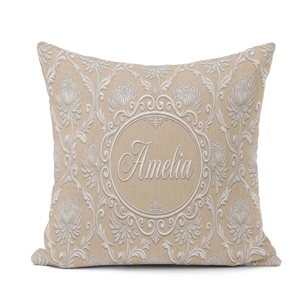 Custom Name Gold Floral Ornament Pattern on Soft Grey Background Square Filled Cushion Throw Pillow Sofa Bed Home Decor Zip Washable UK Made