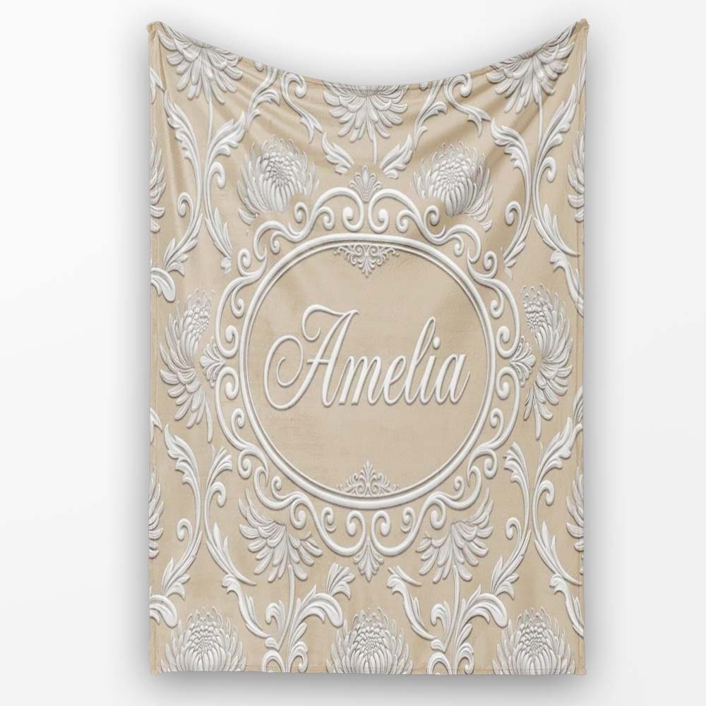 Gold Floral Ornament Pattern on Soft Grey Background Seamless Personalised Custom Name Super Soft Fleece Blanket Bed Sofa Throw