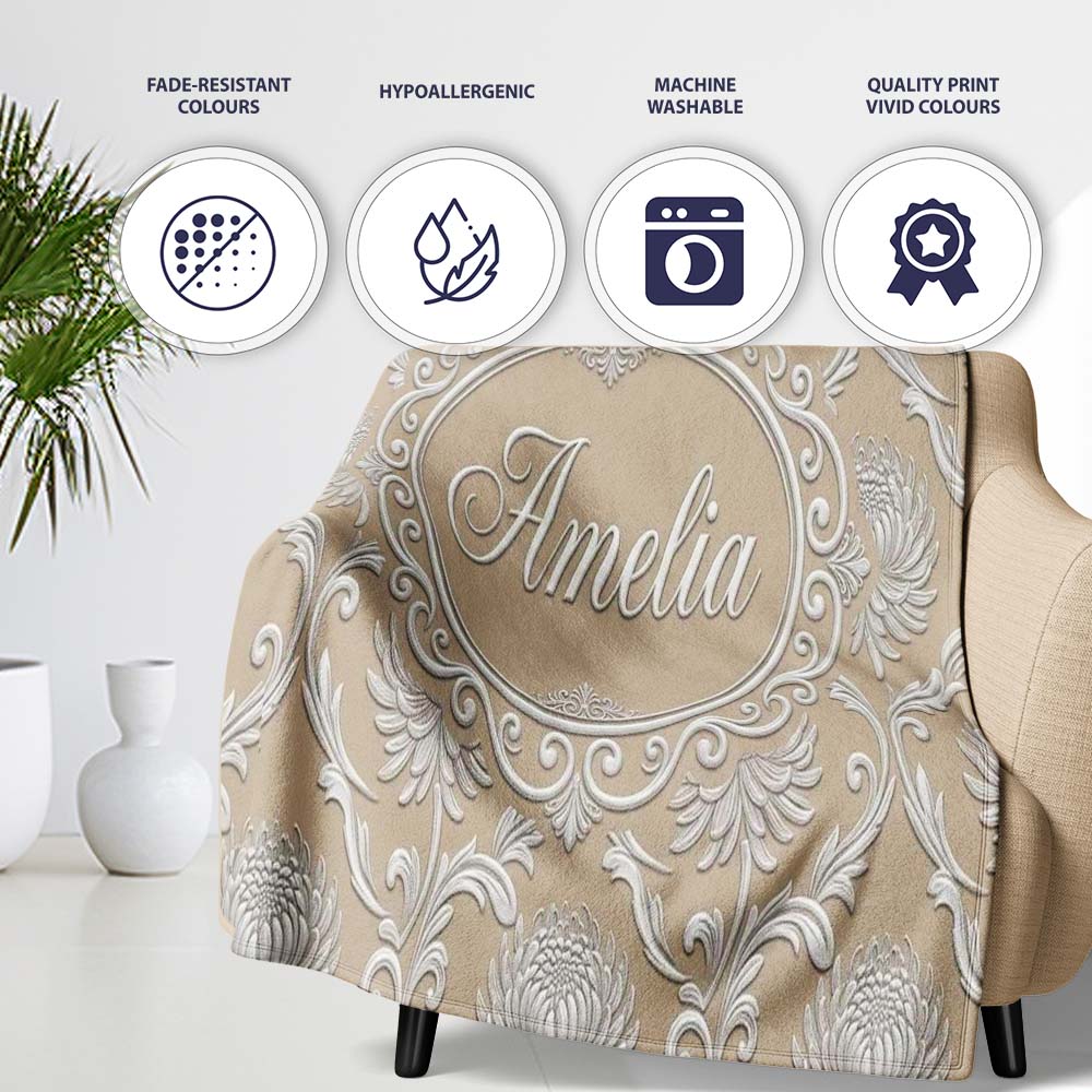Gold Floral Ornament Pattern on Soft Grey Background Seamless Personalised Custom Name Super Soft Fleece Blanket Bed Sofa Throw