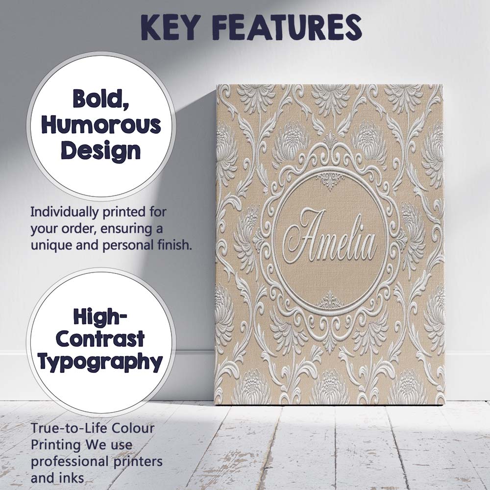 Personalised Name Gold Floral Ornament Custom Modern Room Accent Elegant Feature Canvas Wall Art Print Decor Picture Ready to Hang