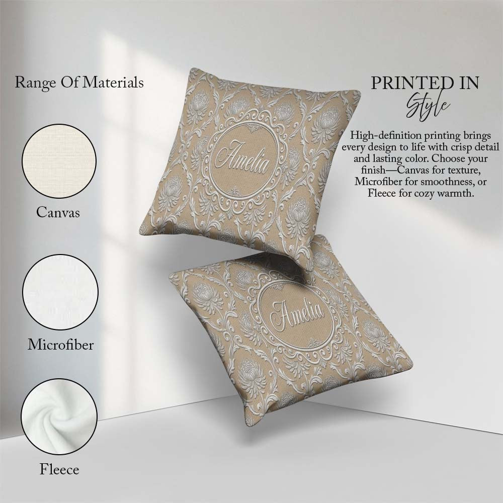 Custom Name Gold Floral Ornament Pattern on Soft Grey Background Square Filled Cushion Throw Pillow Sofa Bed Home Decor Zip Washable UK Made