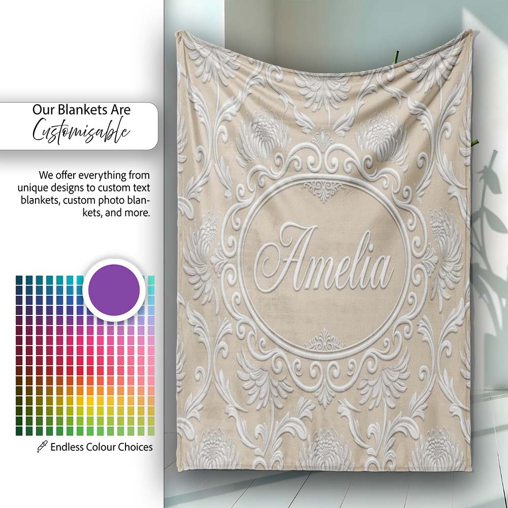 Gold Floral Ornament Pattern on Soft Grey Background Seamless Personalised Custom Name Super Soft Fleece Blanket Bed Sofa Throw