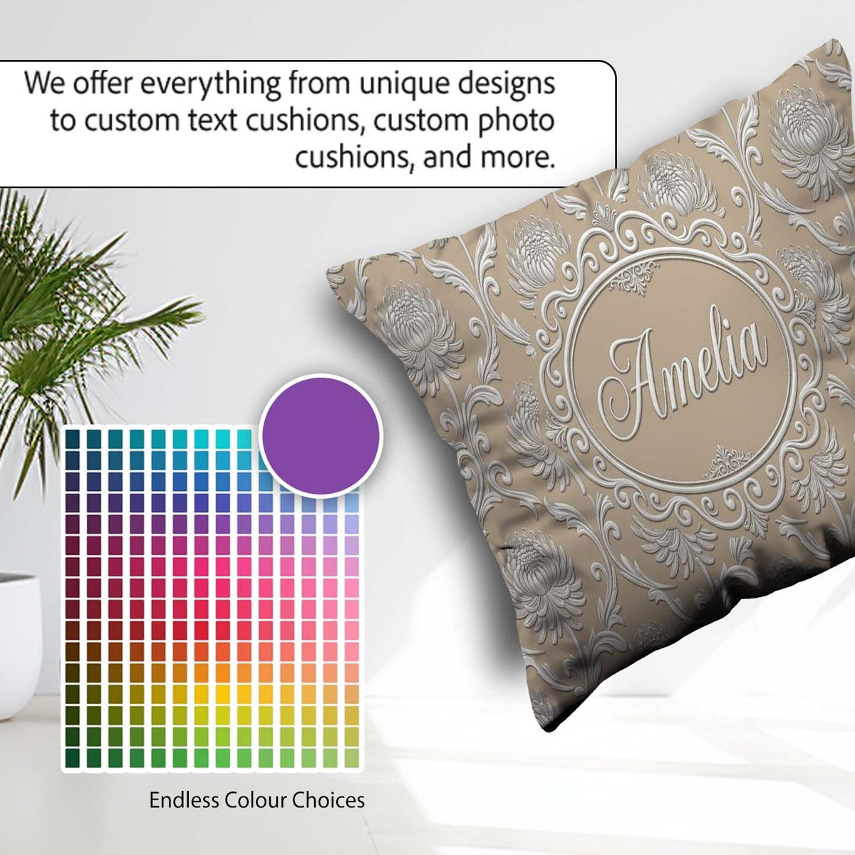 Custom Name Gold Floral Ornament Pattern on Soft Grey Background Square Filled Cushion Throw Pillow Sofa Bed Home Decor Zip Washable UK Made