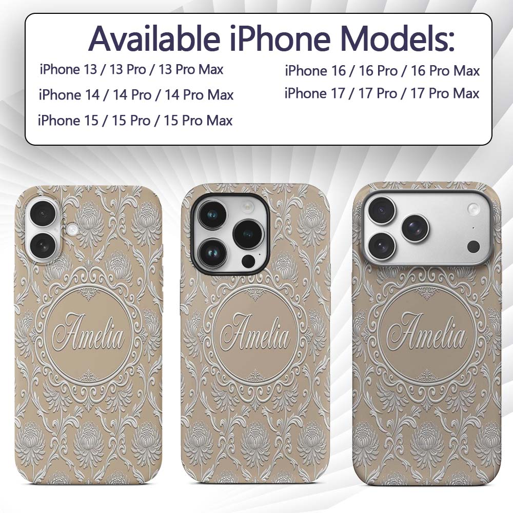 Gold Floral Ornament Pattern on Printed Design Custom Name Protective Phone Case Mobile Cover Durable Everyday Smartphone Shock Resistant