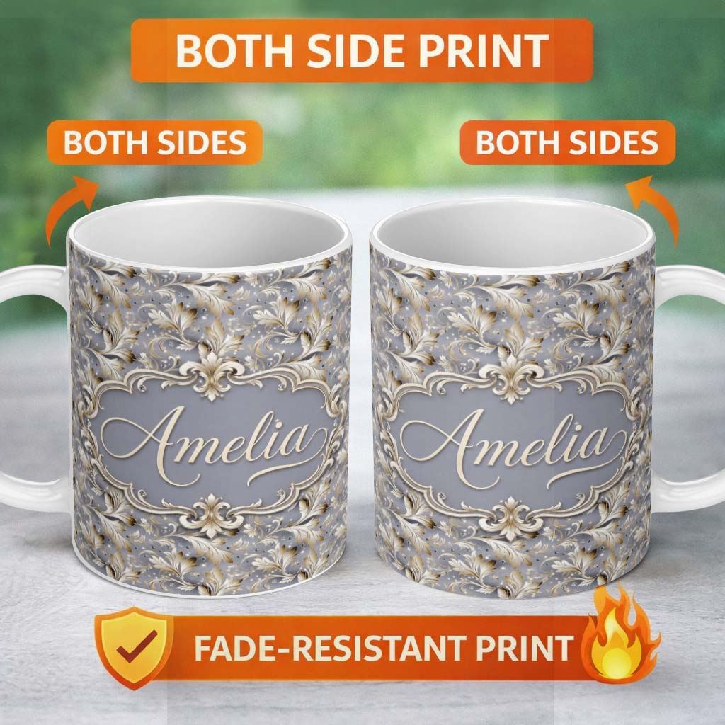 Personalized Custom Name Soft Beige Embossed Floral Pattern with Elegant Texture Seamless 11oz Ceramic Coffee Tea Mug White Large Handle