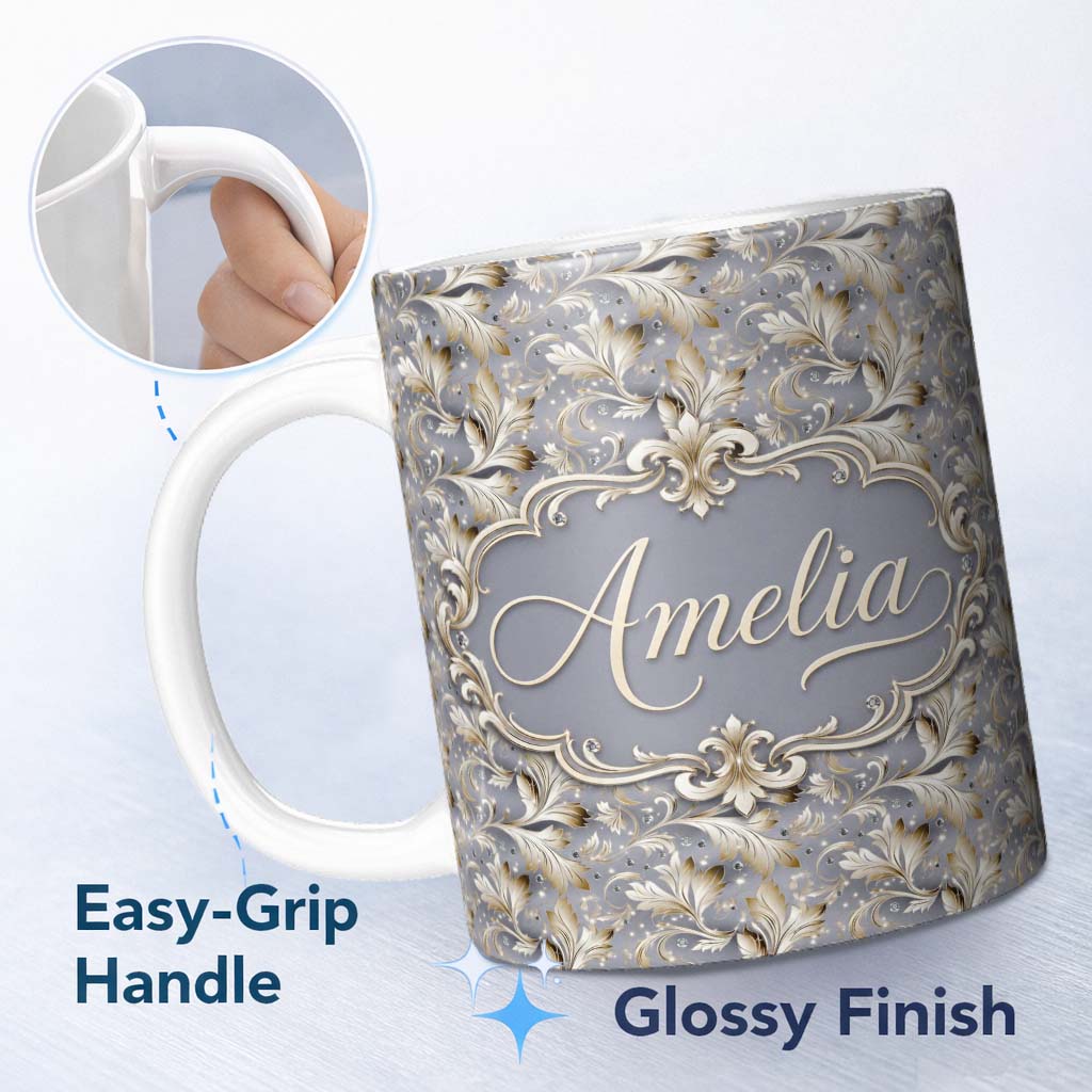 Personalized Custom Name Soft Beige Embossed Floral Pattern with Elegant Texture Seamless 11oz Ceramic Coffee Tea Mug White Large Handle