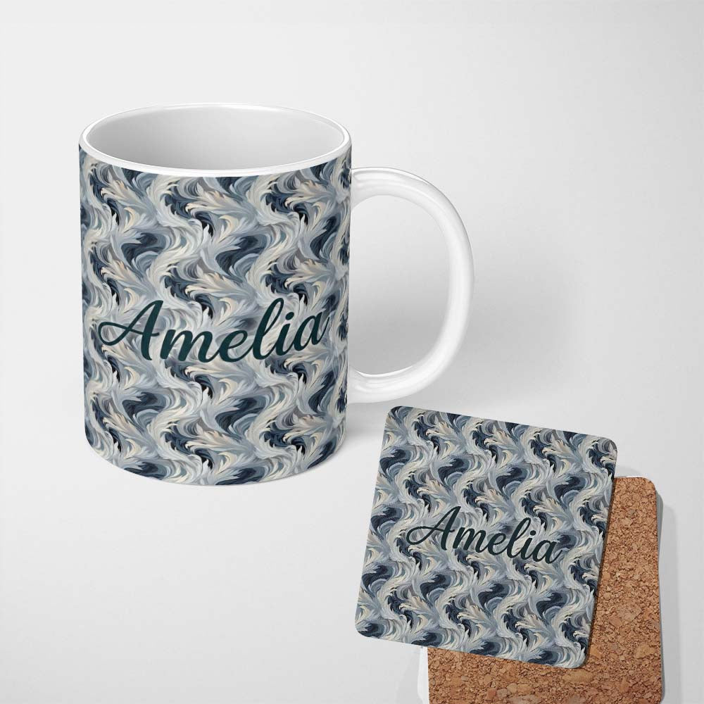 Personalized Custom Name Blue Grey Abstract Feather Swirl Pattern Seamless Modern Artistic 11oz Ceramic Coffee Tea Mug White Large Handle