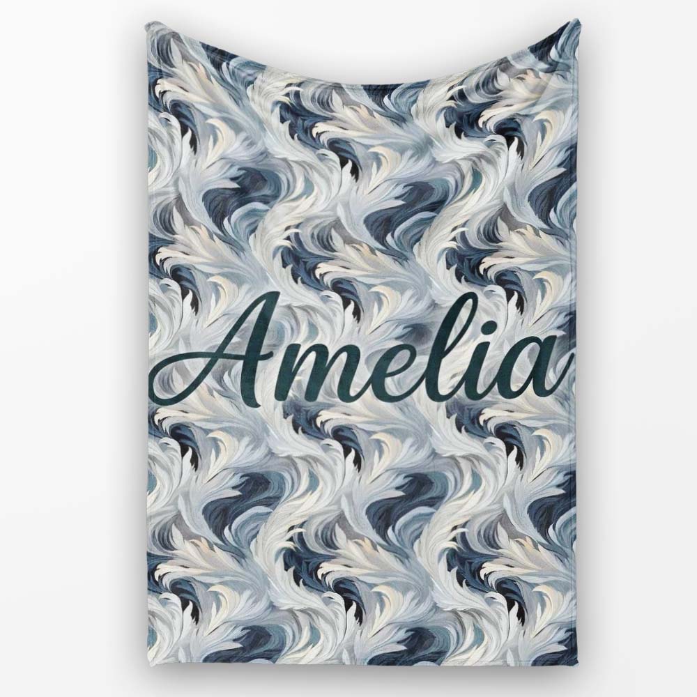 Blue Grey Abstract Feather Swirl Pattern Seamless Modern Artistic Personalised Custom Name Super Soft Fleece Blanket Bed Sofa Throw