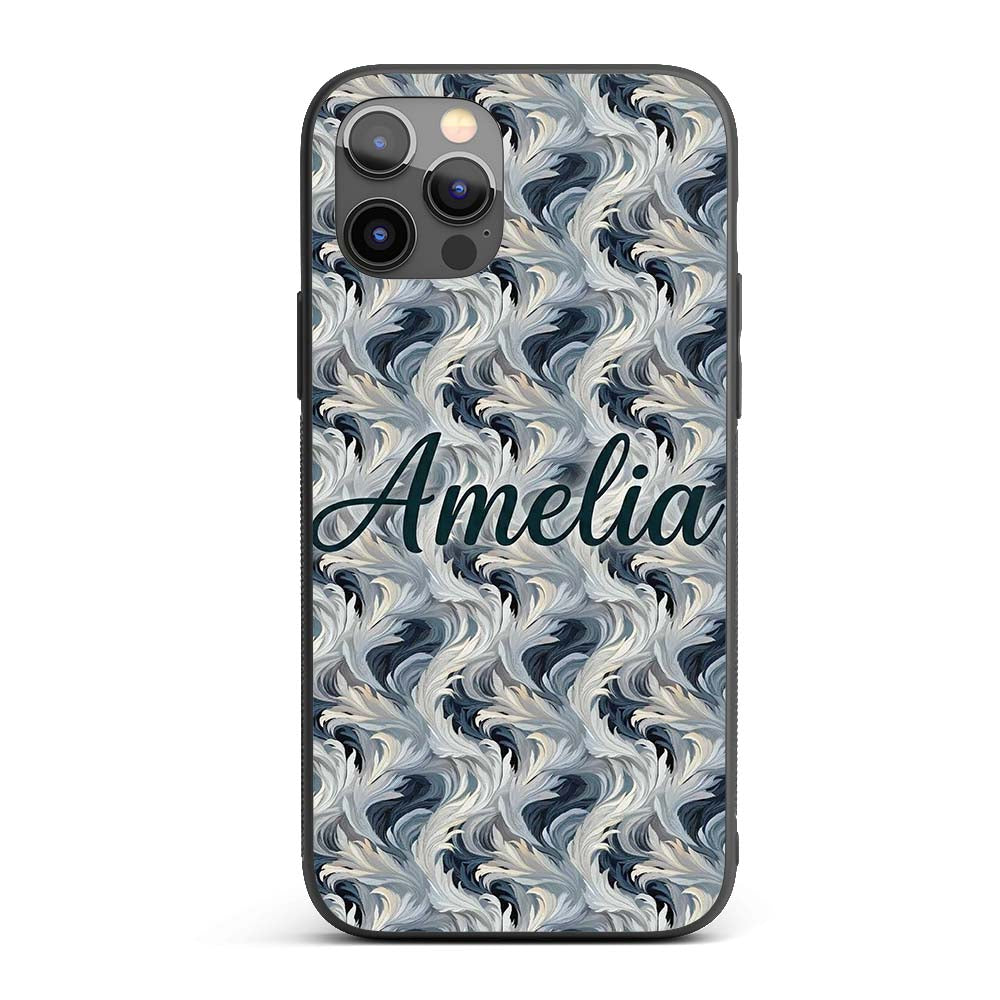 Blue Grey Abstract Feather Swirl Pattern Seamless Custom Name Protective Phone Case Mobile Cover Durable Everyday Smartphone Shock Resistant