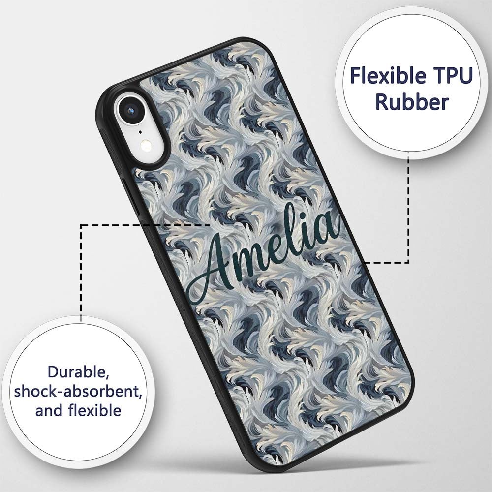 Blue Grey Abstract Feather Swirl Pattern Seamless Custom Name Protective Phone Case Mobile Cover Durable Everyday Smartphone Shock Resistant