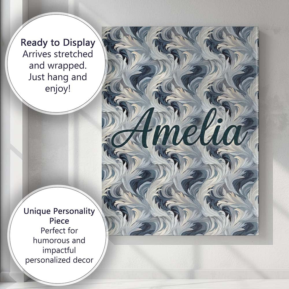 Personalised Name Blue Grey Abstract Custom Premium Decorative Design Modern Room Accent Canvas Wall Art Print Decor Picture Ready to Hang