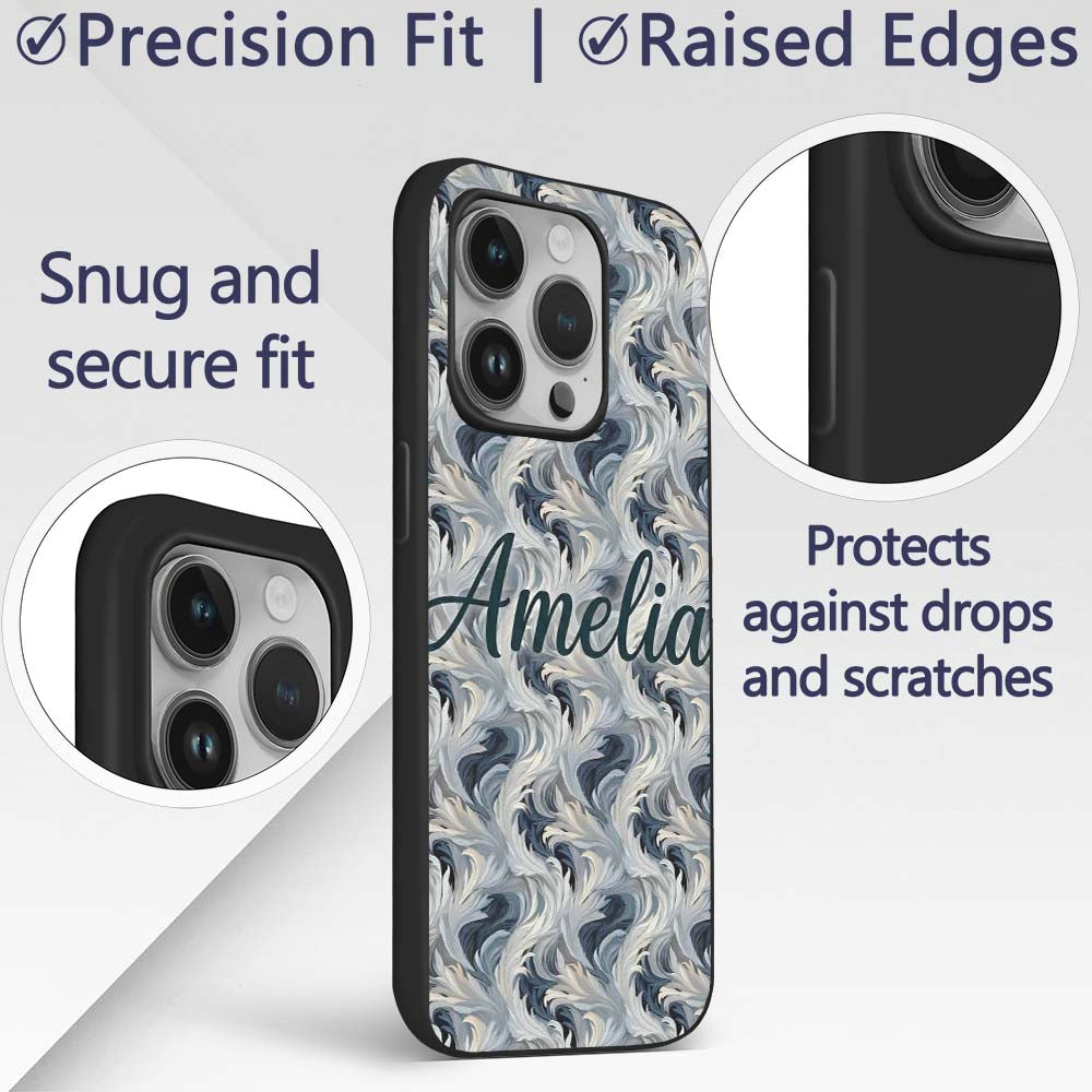 Blue Grey Abstract Feather Swirl Pattern Seamless Custom Name Protective Phone Case Mobile Cover Durable Everyday Smartphone Shock Resistant