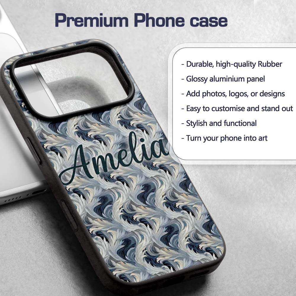 Blue Grey Abstract Feather Swirl Pattern Seamless Custom Name Protective Phone Case Mobile Cover Durable Everyday Smartphone Shock Resistant