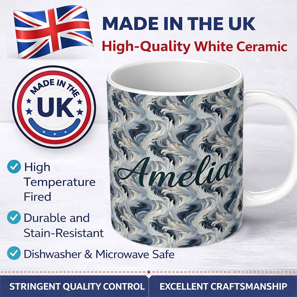 Personalized Custom Name Blue Grey Abstract Feather Swirl Pattern Seamless Modern Artistic 11oz Ceramic Coffee Tea Mug White Large Handle