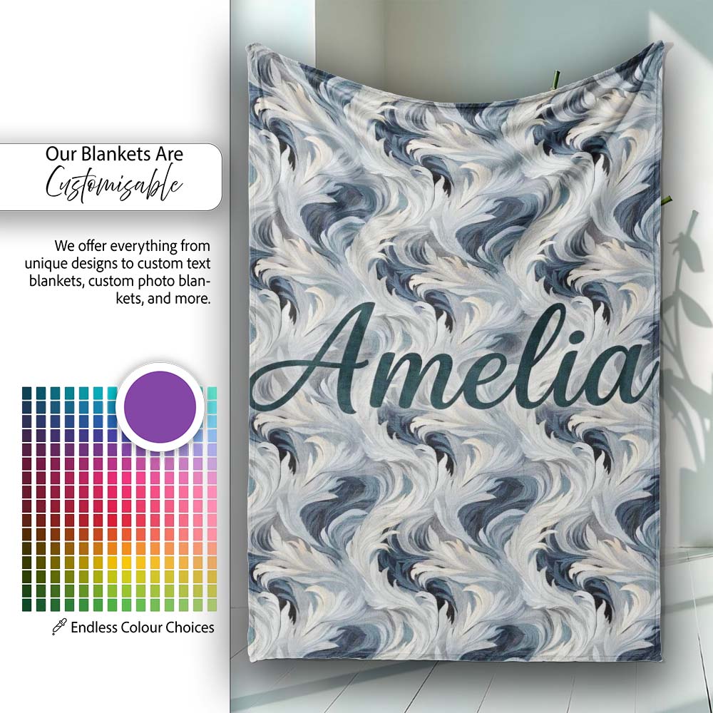 Blue Grey Abstract Feather Swirl Pattern Seamless Modern Artistic Personalised Custom Name Super Soft Fleece Blanket Bed Sofa Throw