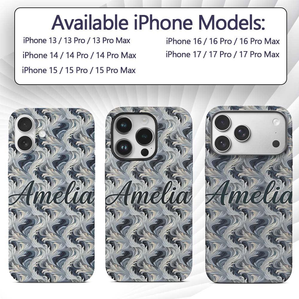 Blue Grey Abstract Feather Swirl Pattern Seamless Custom Name Protective Phone Case Mobile Cover Durable Everyday Smartphone Shock Resistant