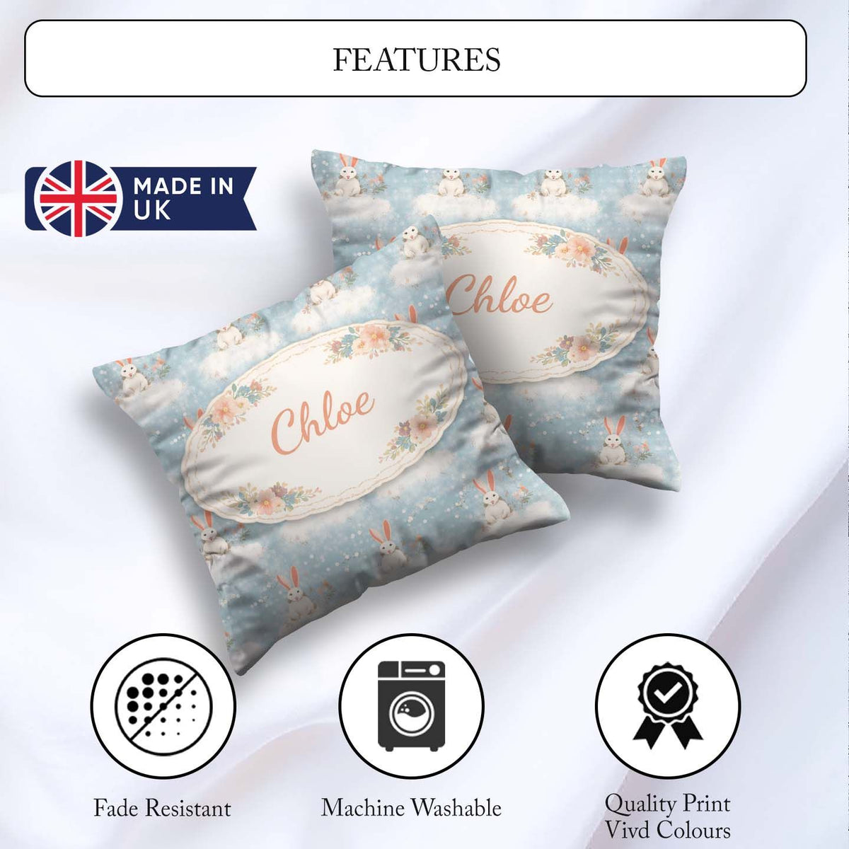 Custom Name Minimal Bunny Snow Field Seamless Pattern Cute Gift Square Filled Cushion Throw Pillow Sofa Bed Home Decor Zip Washable UK Made
