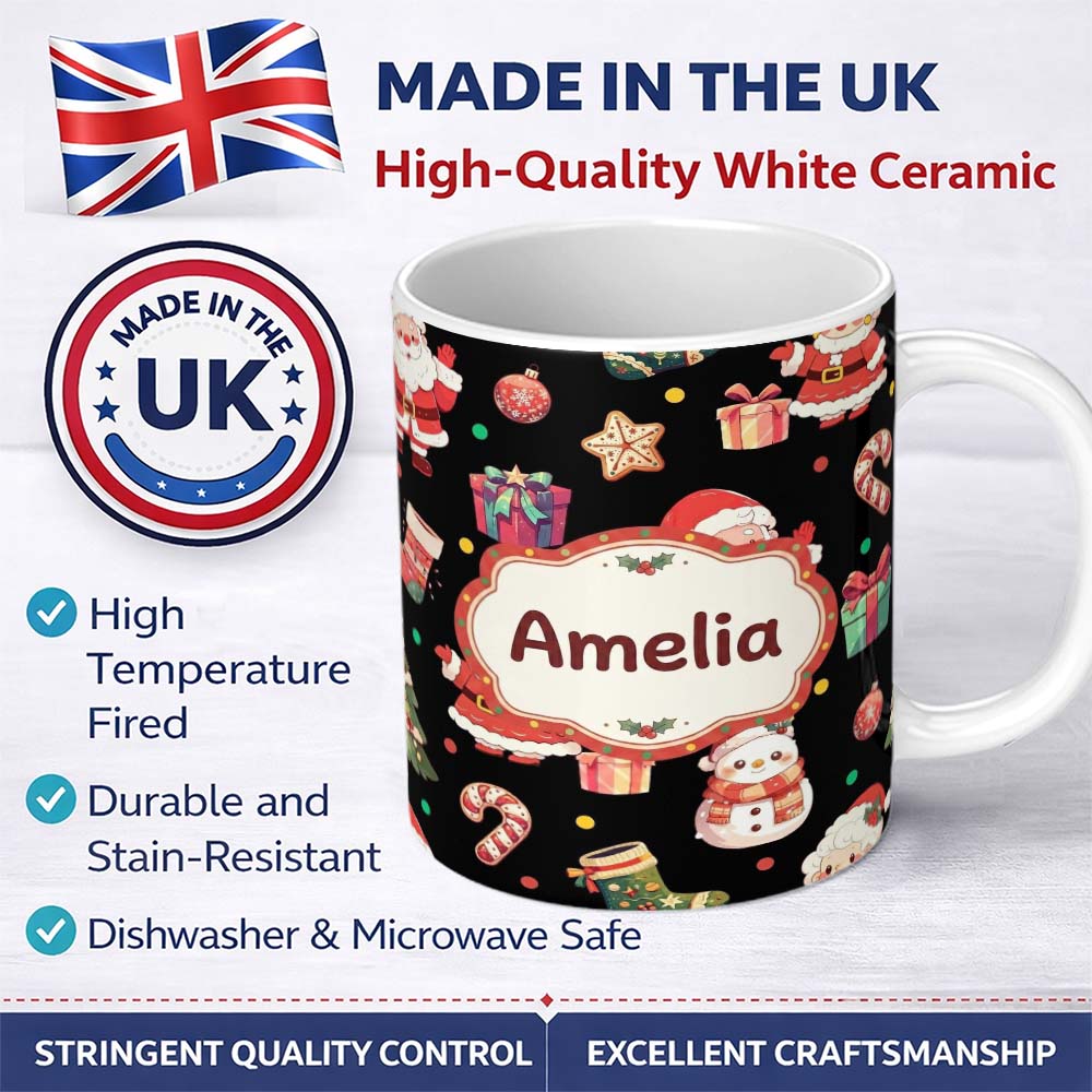 Personalized Custom Name Cute Santa Claus Mrs Claus Snowman Christmas Gift Candy Cane Black 11oz Ceramic Coffee Tea Mug White Large Handle