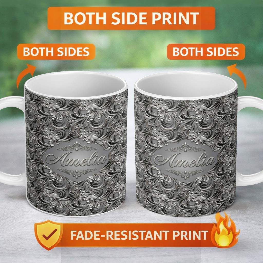 Personalized Custom Name Silver Metallic Ornamental Floral Swirl Seamless Pattern Name Cute 11oz Ceramic Coffee Tea Mug White Large Handle