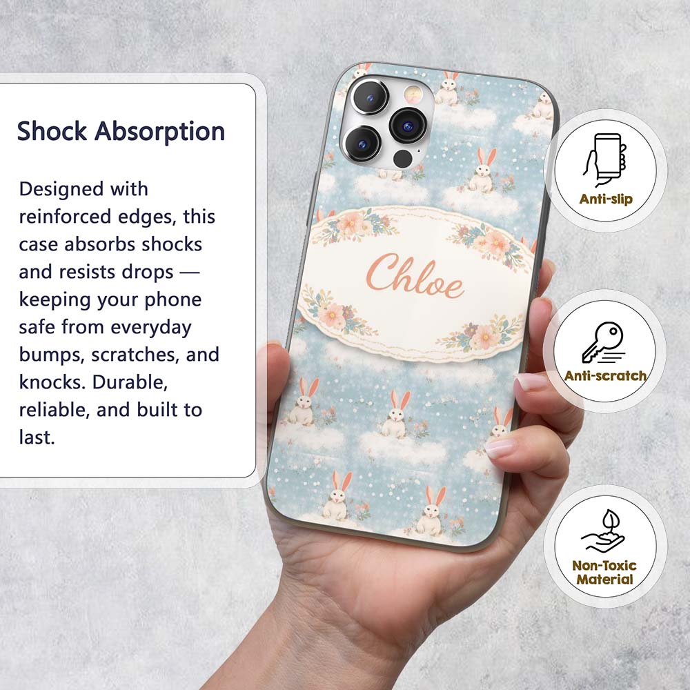 Minimal Bunny Snow Field Seamless Pattern Cute Custom Name Protective Phone Case Mobile Cover Durable Everyday Smartphone Shock Resistant