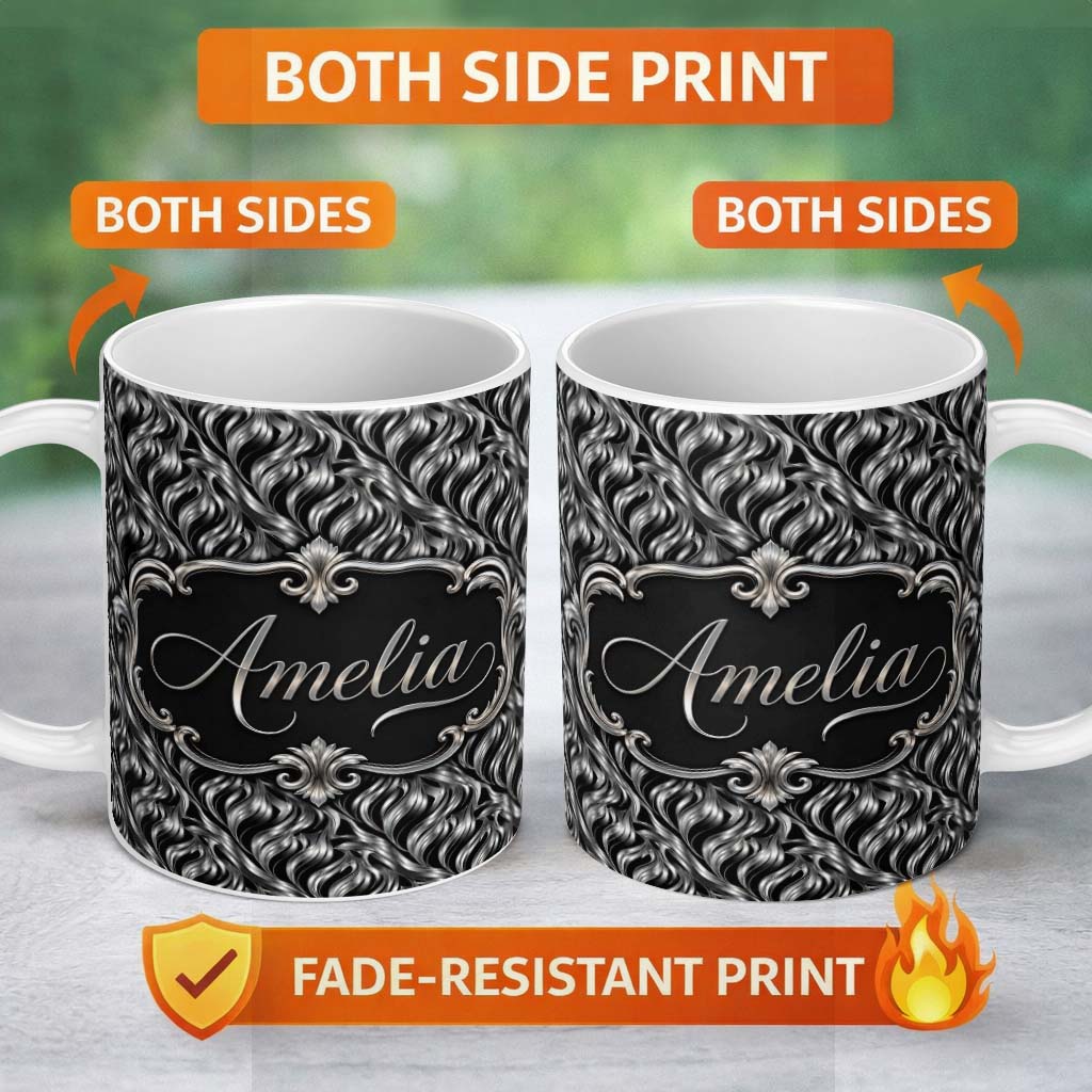 Personalized Custom Name Black Silver Metallic Wave Abstract Seamless Pattern Name Cute 11oz Ceramic Coffee Tea Mug White Large Handle