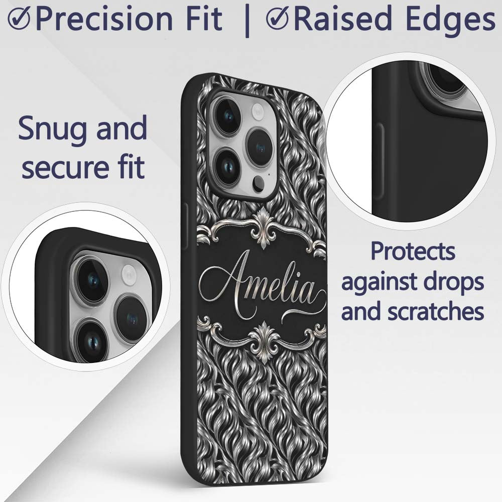 Black Silver Metallic Wave Abstract Seamless Custom Name Protective Phone Case Mobile Cover Durable Everyday Smartphone Shock Resistant
