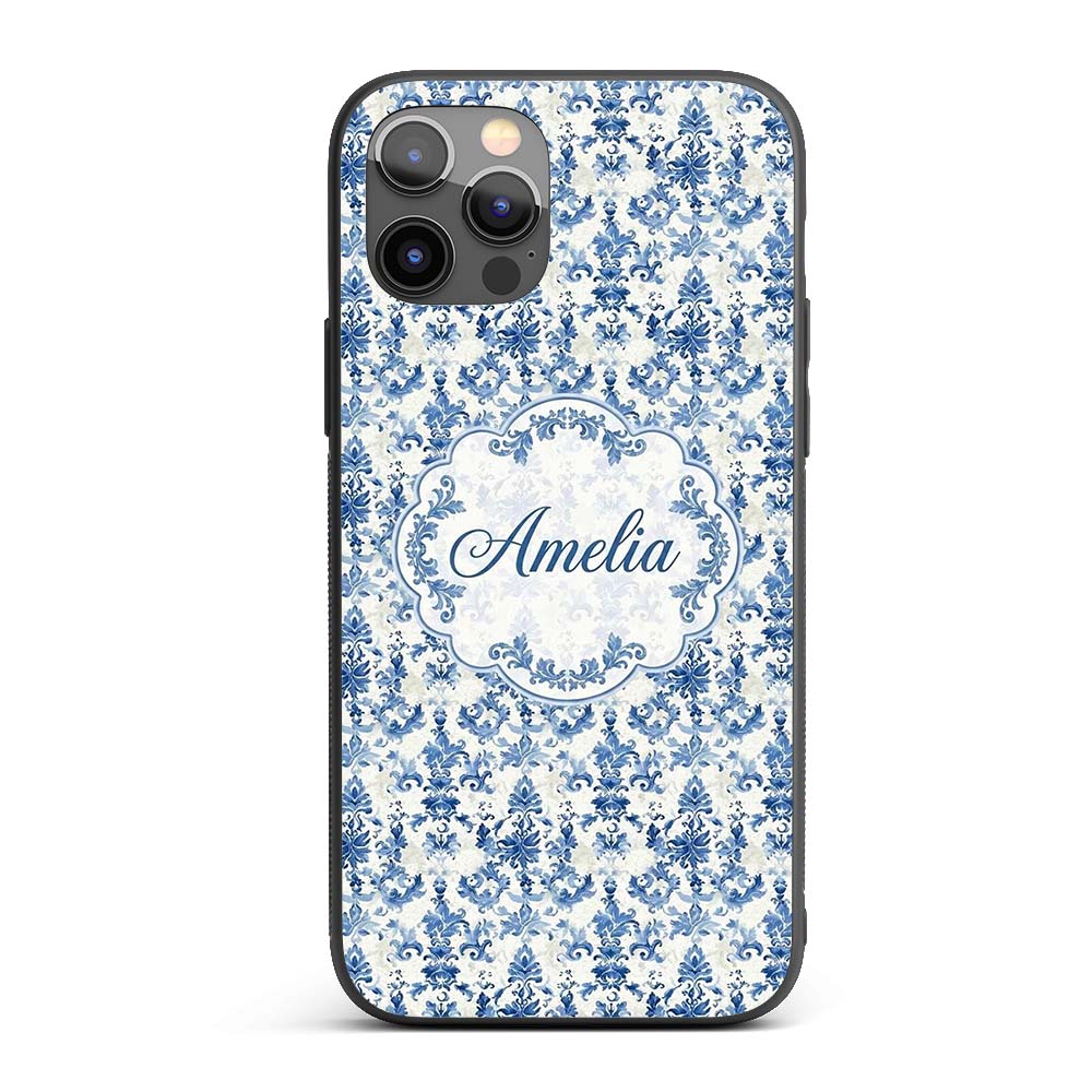 Classic Blue Damask Vintage Floral Printed Design Custom Name Protective Phone Case Mobile Cover Durable Everyday Smartphone Shock Resistant