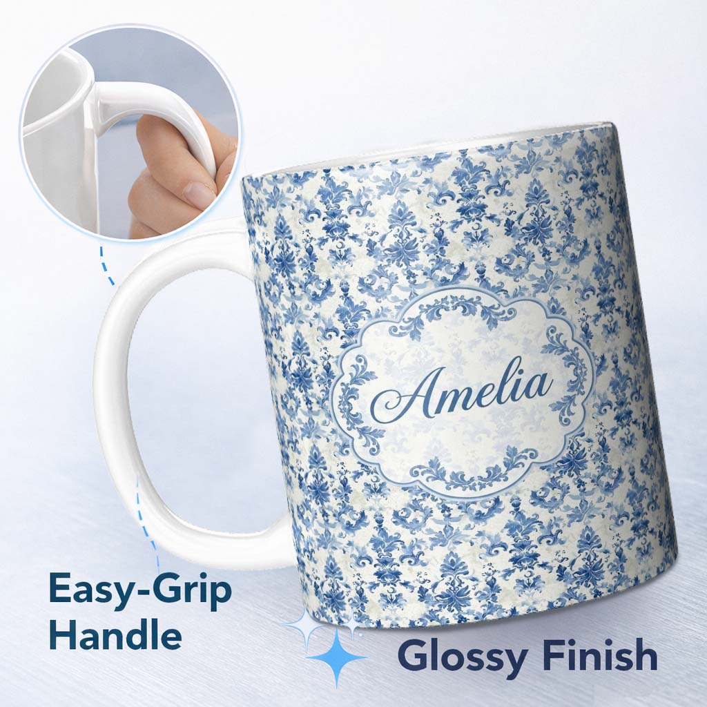 Personalized Custom Name Classic Blue Damask Vintage Floral Seamless Pattern Name Cute 11oz Ceramic Coffee Tea Mug White Large Handle