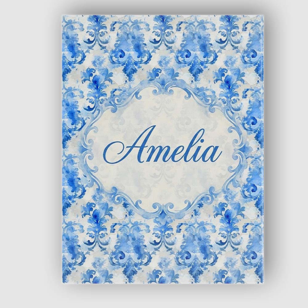 Personalised Name Watercolor Blue Damask Custom Unique Gift Idea Elegant Feature Canvas Wall Art Print Decor Picture Ready to Hang