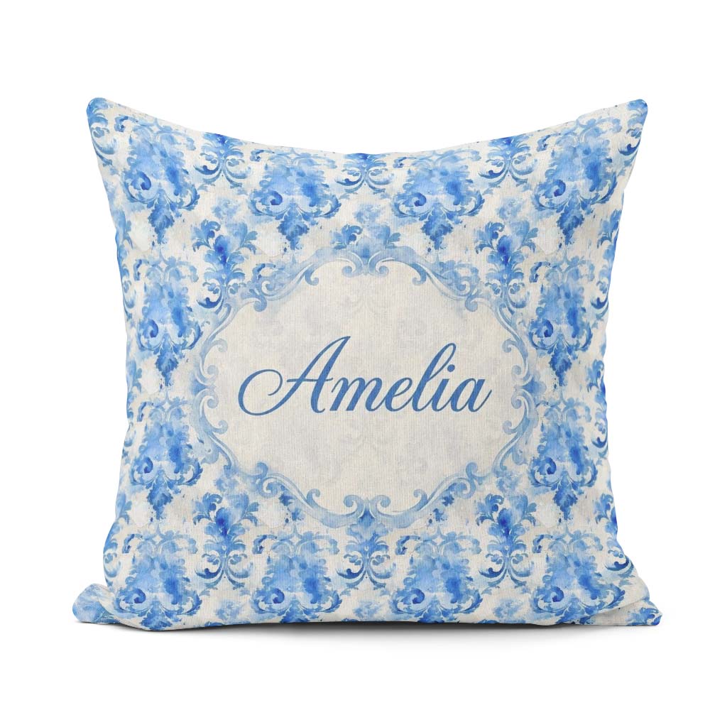 Custom Name Watercolor Blue Artistic Seamless Pattern Name Cute Square Filled Cushion Throw Pillow Sofa Bed Home Decor Zip Washable UK Made