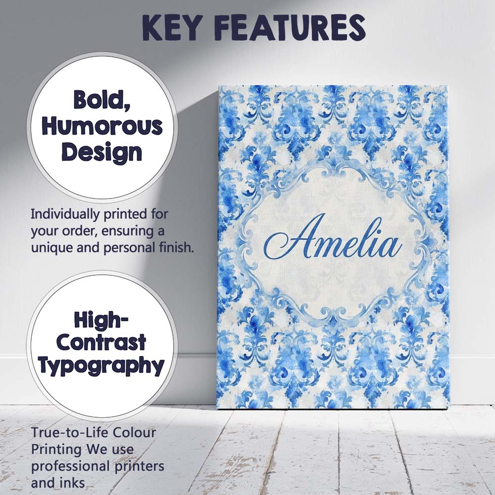 Personalised Name Watercolor Blue Damask Custom Unique Gift Idea Elegant Feature Canvas Wall Art Print Decor Picture Ready to Hang