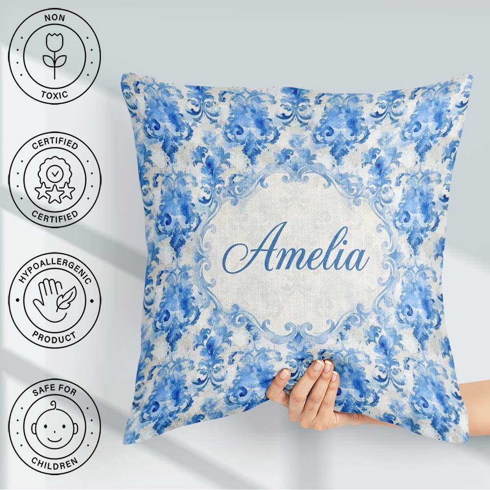 Custom Name Watercolor Blue Artistic Seamless Pattern Name Cute Square Filled Cushion Throw Pillow Sofa Bed Home Decor Zip Washable UK Made