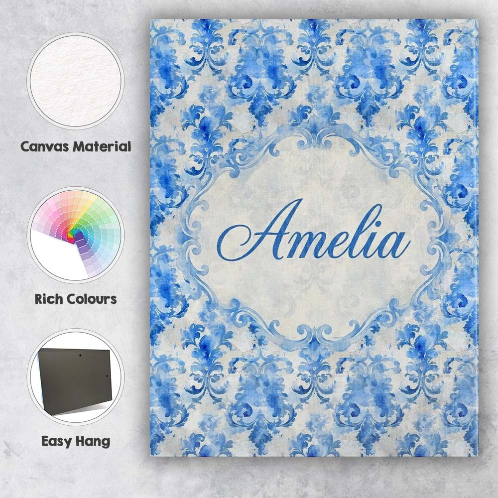 Personalised Name Watercolor Blue Damask Custom Unique Gift Idea Elegant Feature Canvas Wall Art Print Decor Picture Ready to Hang