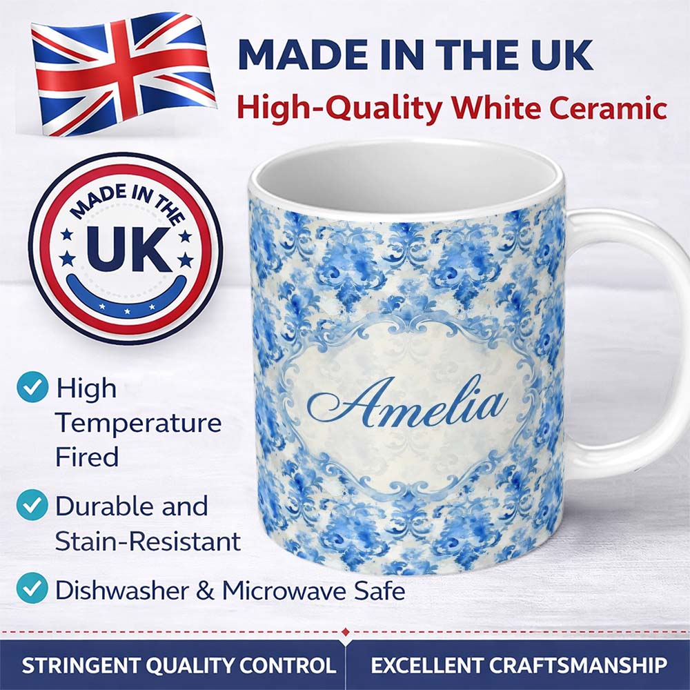 Personalized Custom Name Watercolor Blue Damask Artistic Seamless Pattern Name Cute Unique 11oz Ceramic Coffee Tea Mug White Large Handle