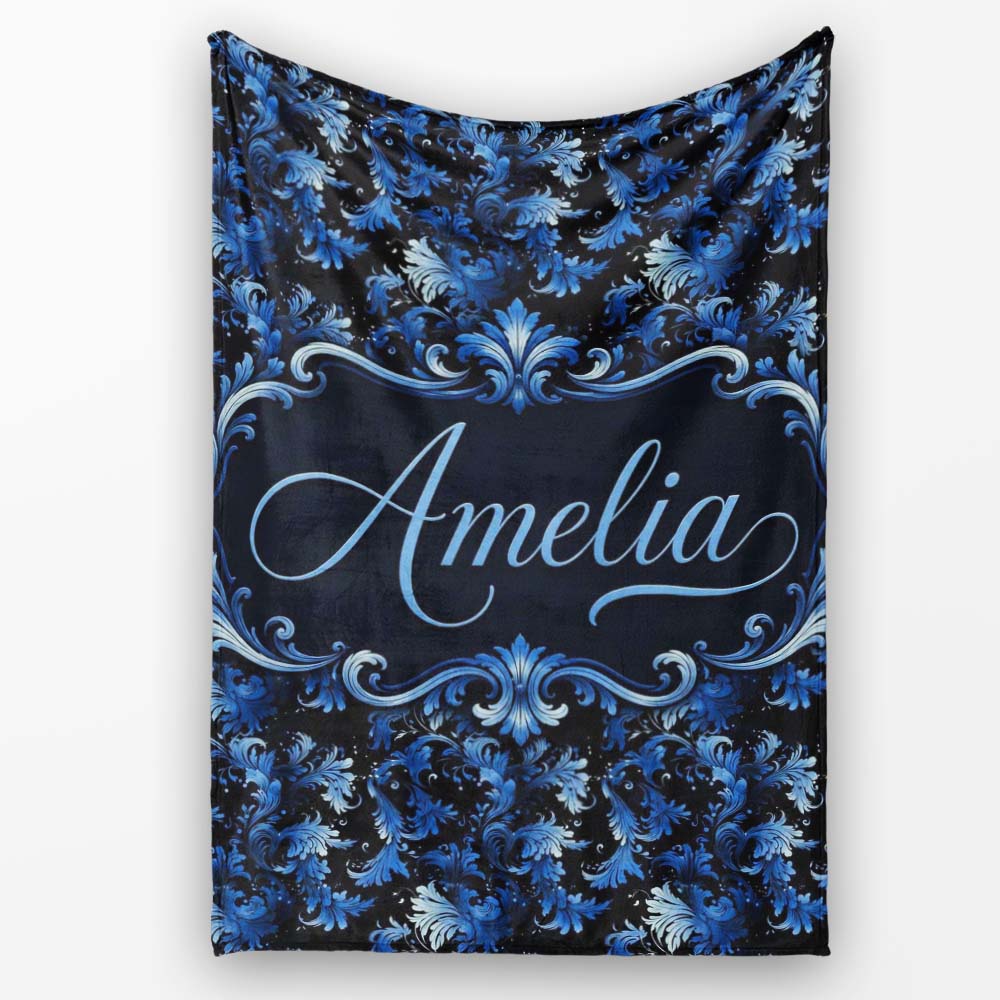Dark Blue Floral Ornamental Seamless Pattern on Black Background Personalised Custom Name Super Soft Fleece Blanket Bed Sofa Throw