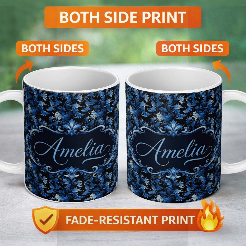 Personalized Custom Name Dark Blue Floral Ornamental Seamless Pattern on Black Background 11oz Ceramic Coffee Tea Mug White Large Handle