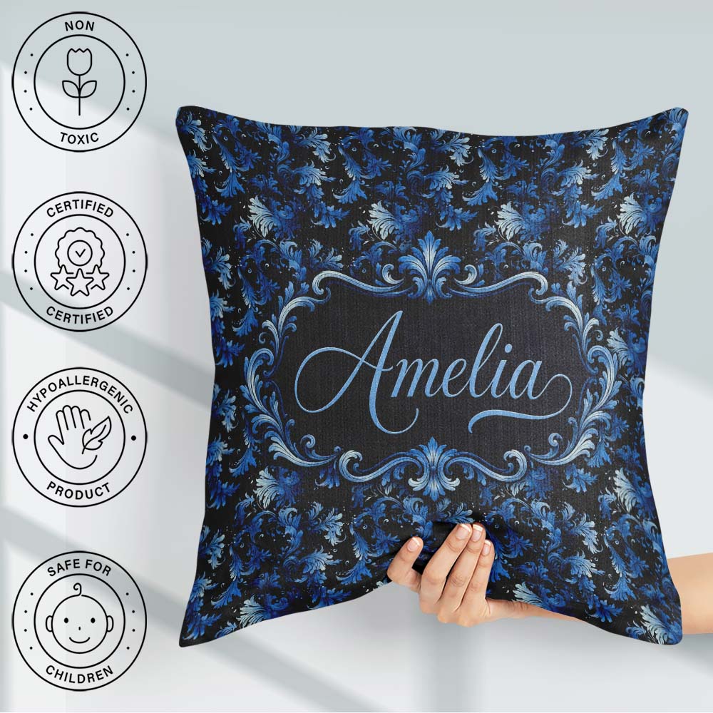 Custom Name Dark Blue Floral Ornamental Pattern Black Background Square Filled Cushion Throw Pillow Sofa Bed Home Decor Zip Washable UK Made