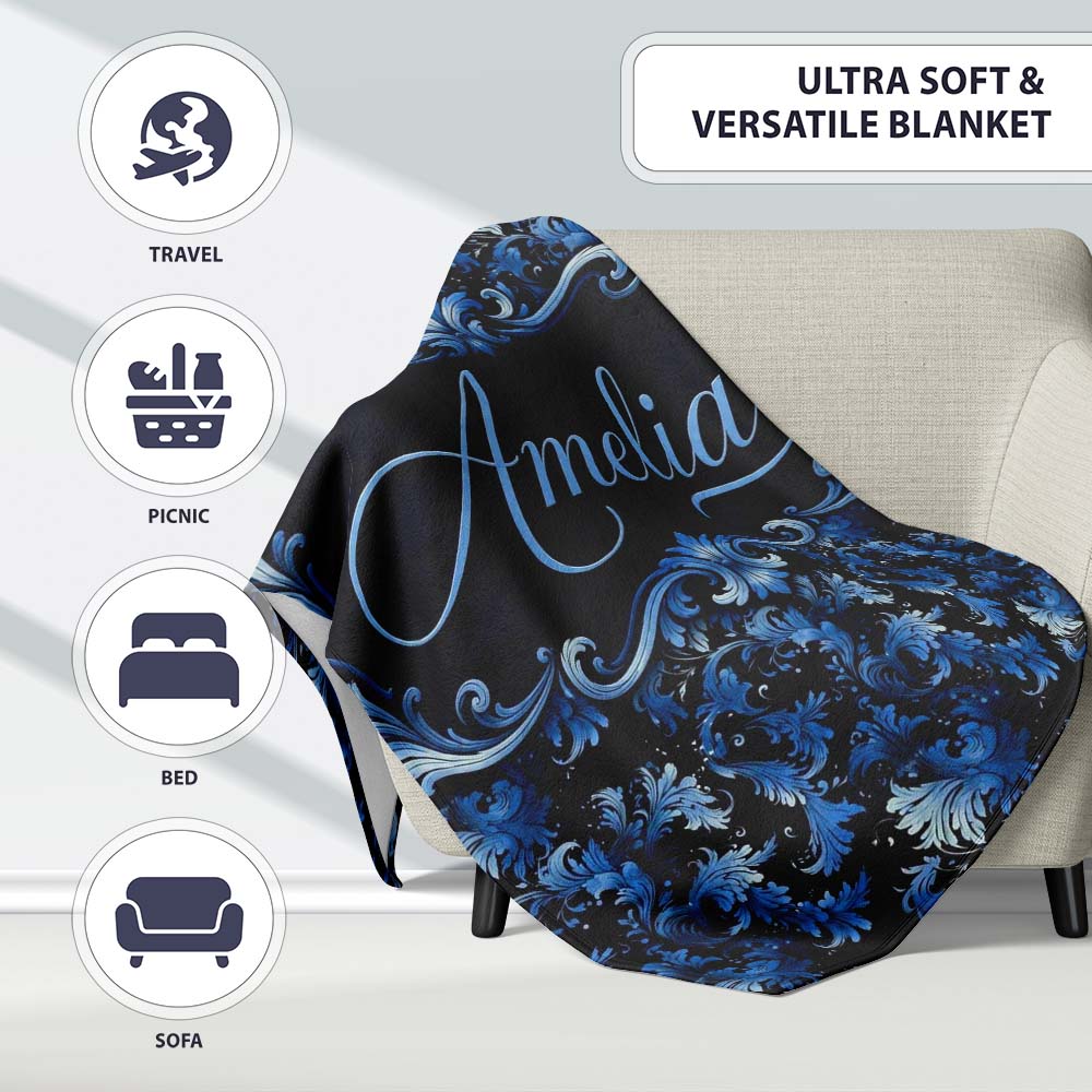 Dark Blue Floral Ornamental Seamless Pattern on Black Background Personalised Custom Name Super Soft Fleece Blanket Bed Sofa Throw