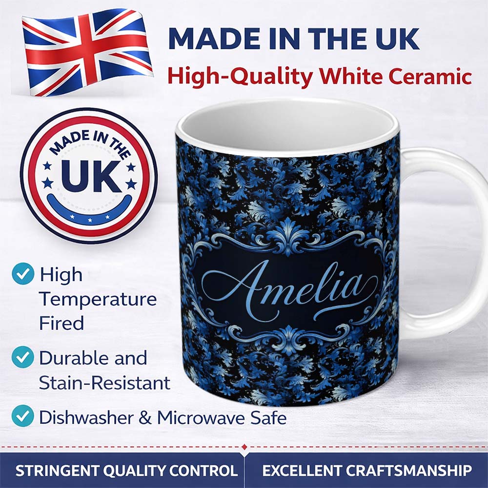 Personalized Custom Name Dark Blue Floral Ornamental Seamless Pattern on Black Background 11oz Ceramic Coffee Tea Mug White Large Handle