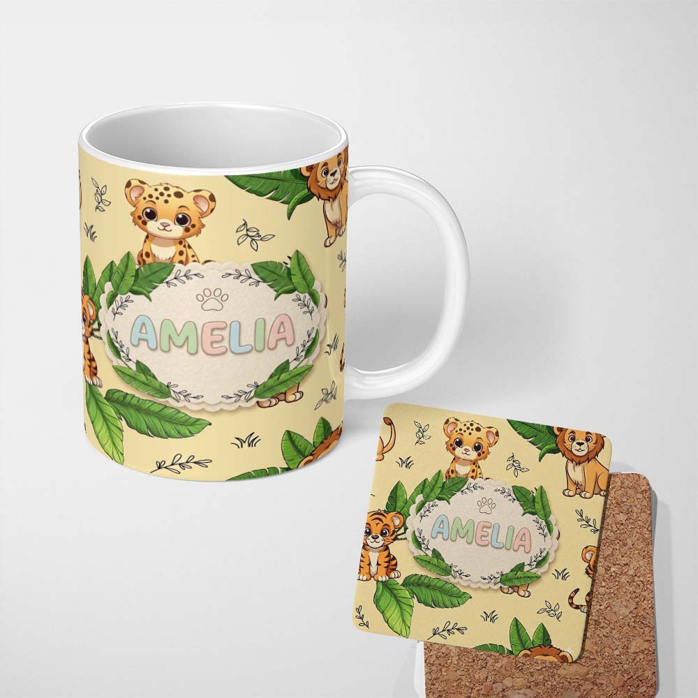 Personalized Custom Name Cute Jungle Animals Lion Tiger Leopard Light Grey Background Lovely 11oz Ceramic Coffee Tea Mug White Large Handle