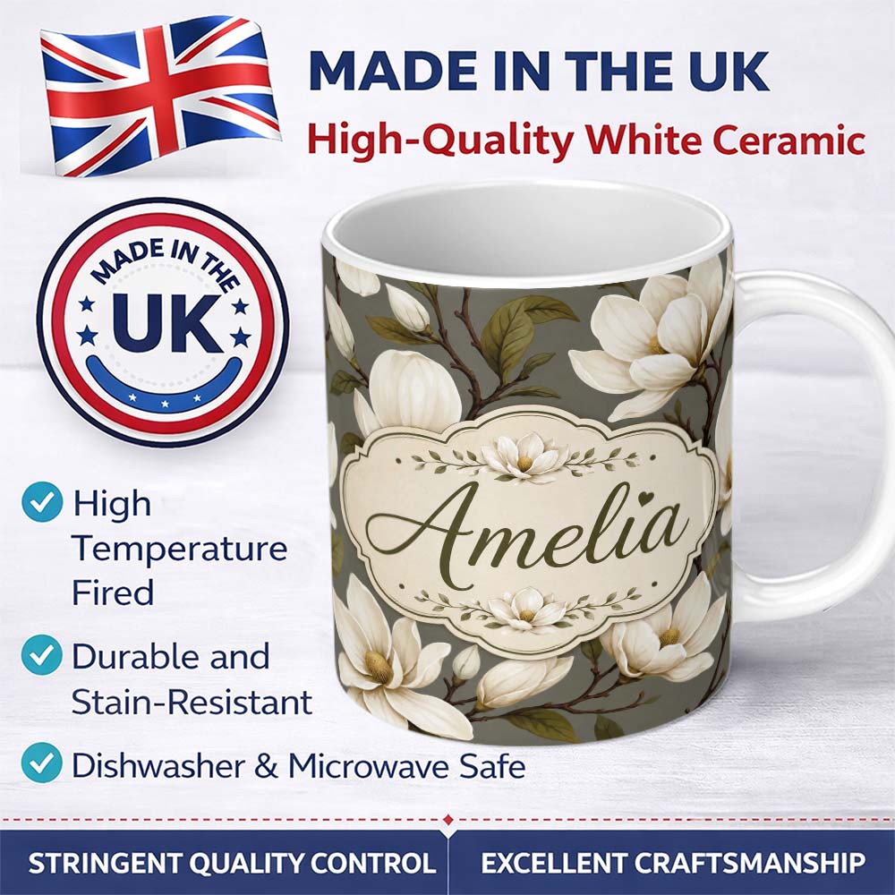 Personalized Custom Name Classic Magnolia Blossoms Botanical Illustration Seamless Pattern 11oz Ceramic Coffee Tea Mug White Large Handle