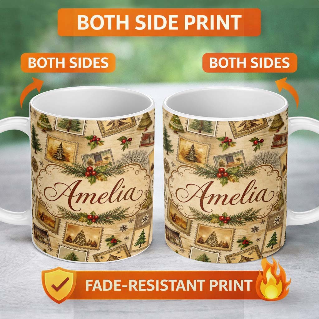 Personalized Custom Name Vintage Christmas Tree Postcard Collage Rustic Festive Seamless 11oz Ceramic Coffee Tea Mug White Large Handle