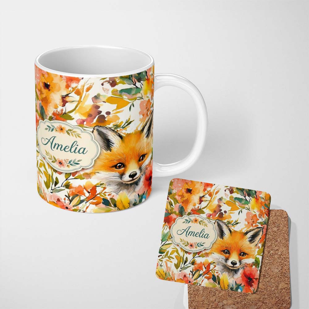 Personalized Custom Name Watercolor Fox Floral Artistic Pattern Stylish Everyday Mug Lovely 11oz Ceramic Coffee Tea Mug White Large Handle