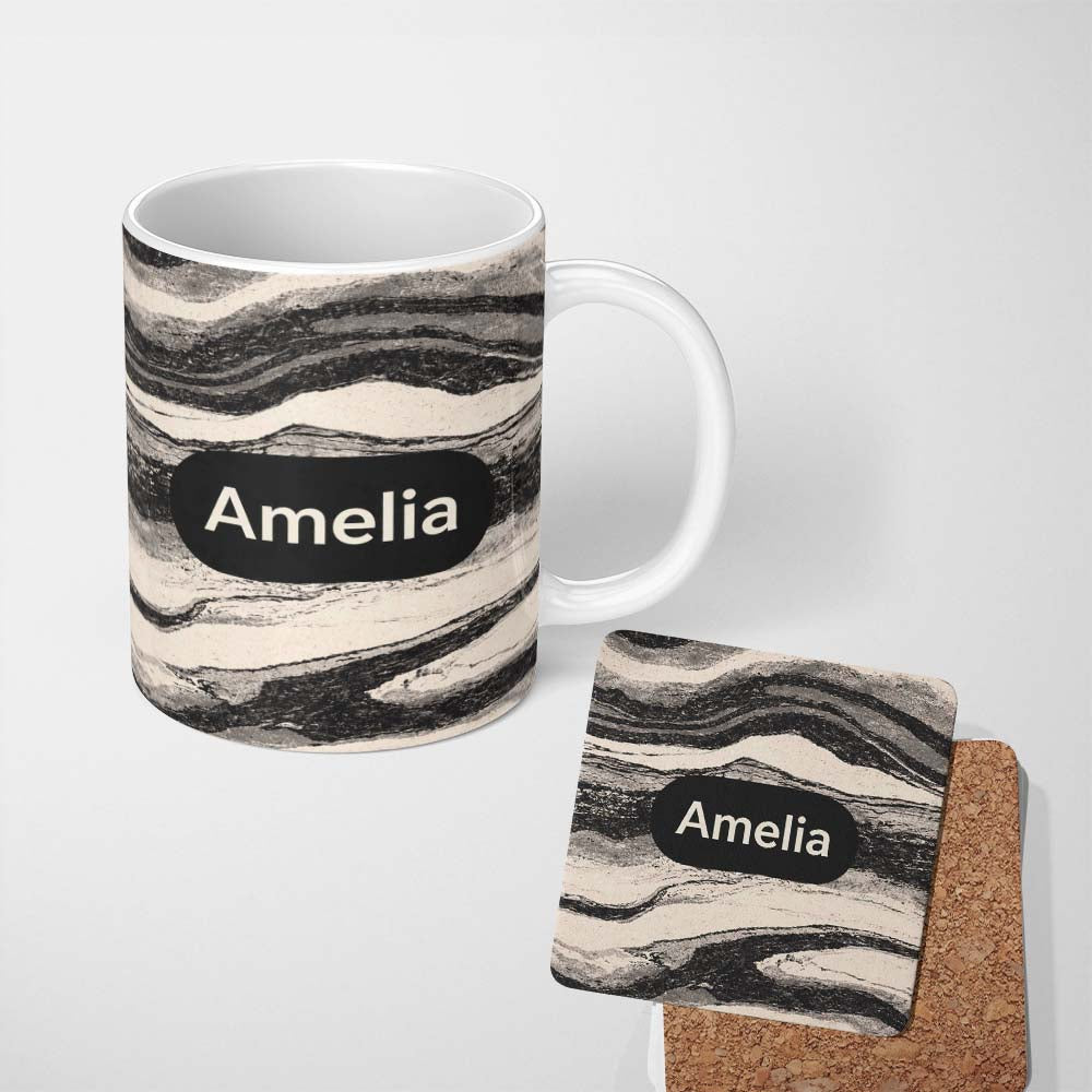 Personalized Custom Name Fine Line Topography Black Cream Abstract Contour Pattern Lovely 11oz Ceramic Coffee Tea Mug White Large Handle