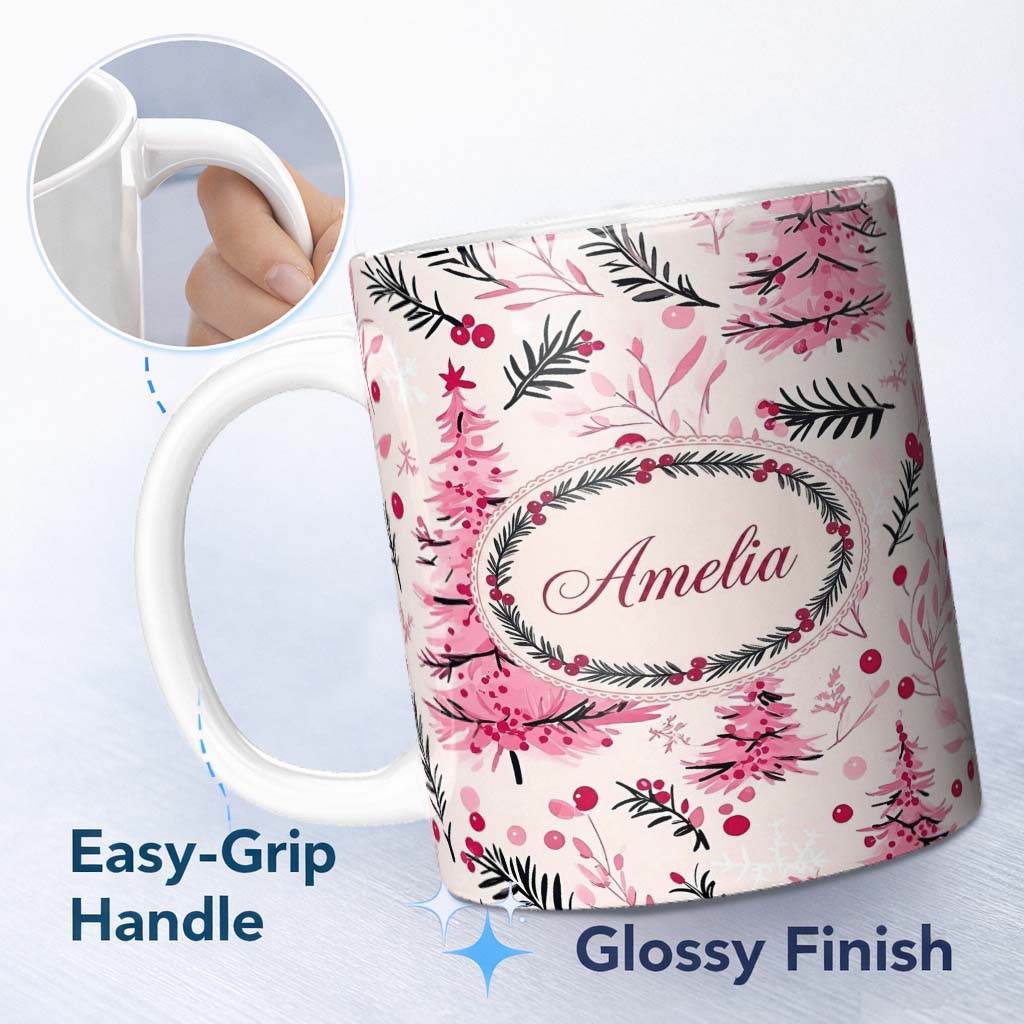 Personalized Custom Name Watercolor Pink Christmas Trees Berries Branches Seamless Pattern 11oz Ceramic Coffee Tea Mug White Large Handle