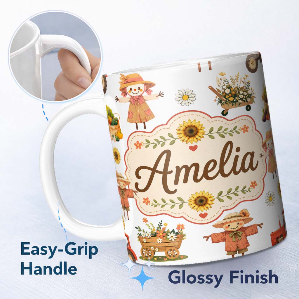 Personalized Custom Name Cute Autumn Scarecrow Barn Flowers Seamless Pattern Grey Background 11oz Ceramic Coffee Tea Mug White Large Handle