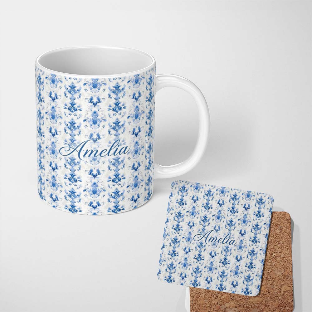 Personalized Custom Name Elegant Blue Damask Symmetrical Floral Seamless Pattern Name Cute 11oz Ceramic Coffee Tea Mug White Large Handle