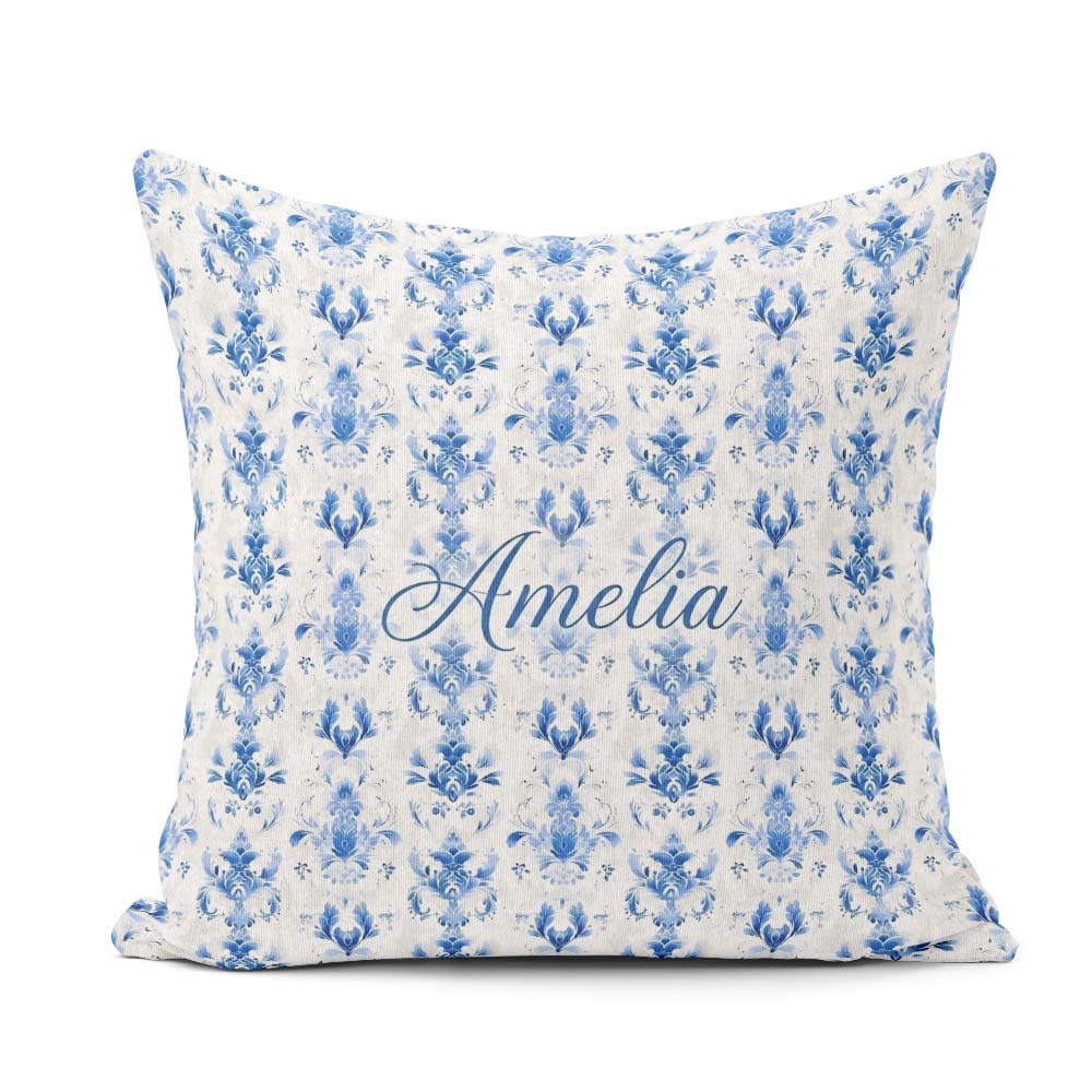 Custom Name Elegant Blue Damask Symmetrical Floral Seamless Name Square Filled Cushion Throw Pillow Sofa Bed Home Decor Zip Washable UK Made