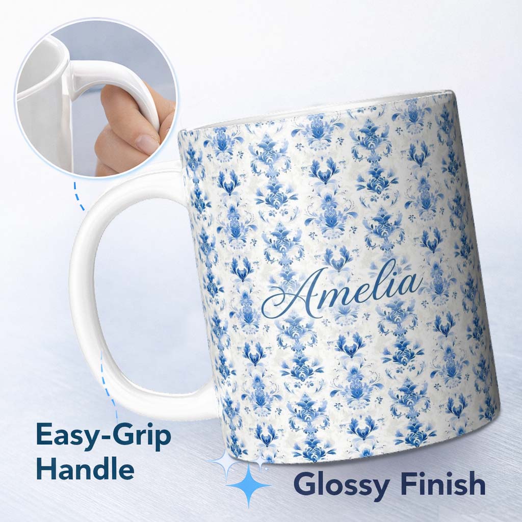 Personalized Custom Name Elegant Blue Damask Symmetrical Floral Seamless Pattern Name Cute 11oz Ceramic Coffee Tea Mug White Large Handle