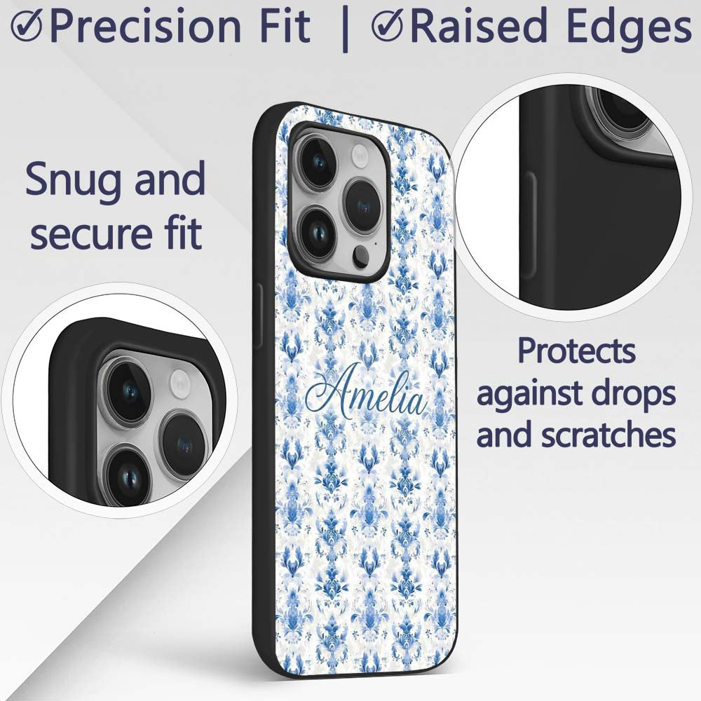 Elegant Blue Damask Symmetrical Floral Seamless Custom Name Protective Phone Case Mobile Cover Durable Everyday Smartphone Shock Resistant